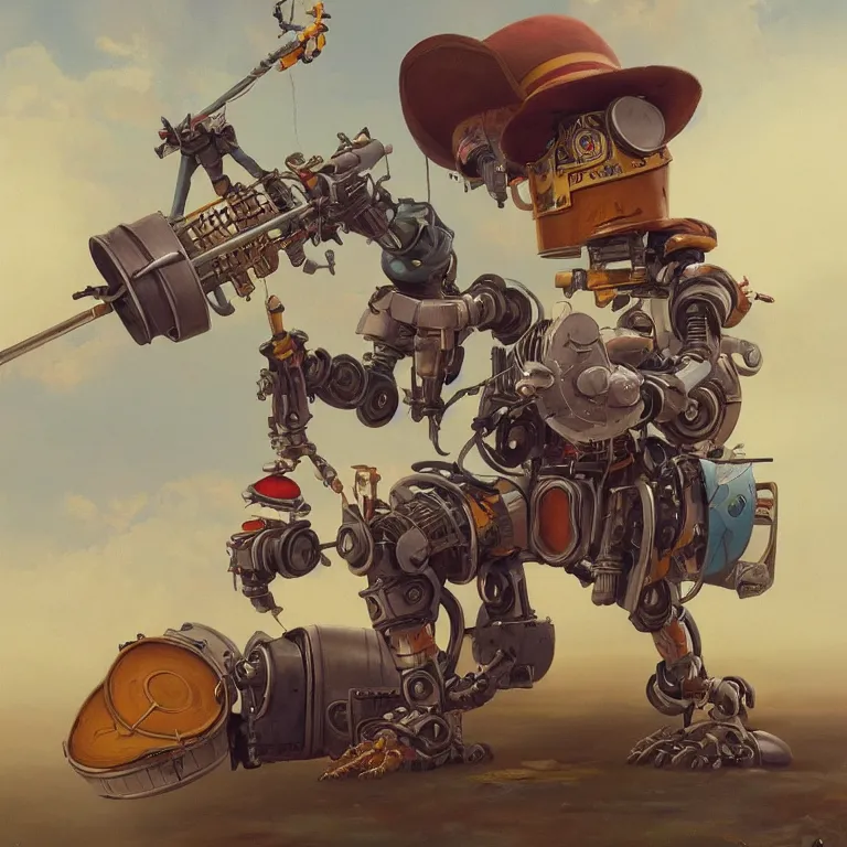 Prompt: painting of a country bumpkin robot playing a banjo, bluegrass robot, style of peter mohrbacher, trending on artstation, epic, high detail, hyper realistic, 8 k