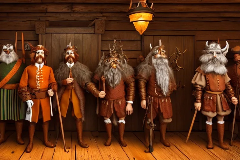 Image similar to A group of High Fantasy Creatures lined up for a portrait in a Tavern directed by Wes Anderson, Regal, Formal, Symmetrical, Satisfying, Dynamic lighting, Highly Detailed, Cinematic Lighting, 8k, HD