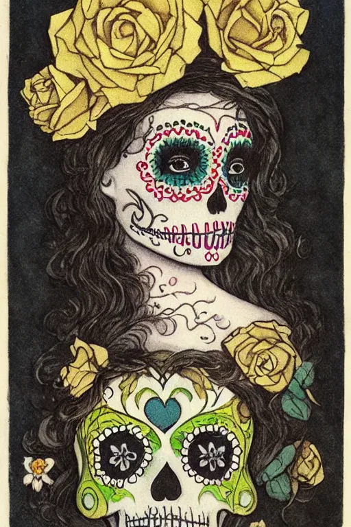 Prompt: Illustration of a sugar skull day of the dead girl, art by edmund dulac