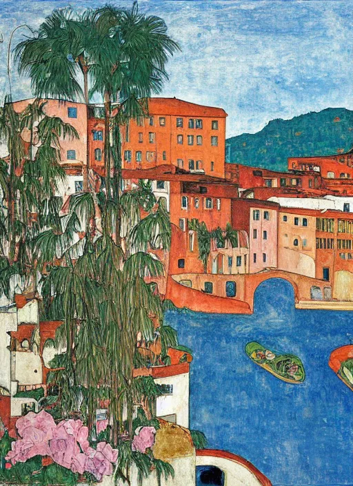 Prompt: a big through arch bridge on local river, a lot of old boat in river, brick buildings near a lot of palm trees and bougainvillea, hot with shining sun, painting by egon schiele