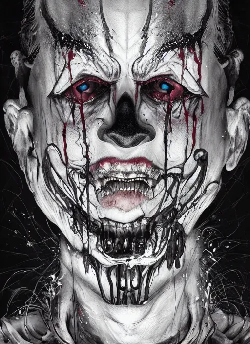 Prompt: a dream portrait of a demon in a clown suit, black & white, melting, webbing, 8 k, by tristan eaton, stanley artgerm, tom bagshaw, greg rutkowski, carne griffiths, ayami kojima, beksinski, giger, trending on deviantart, face enhance, hyper detailed, minimalist, horror, alien