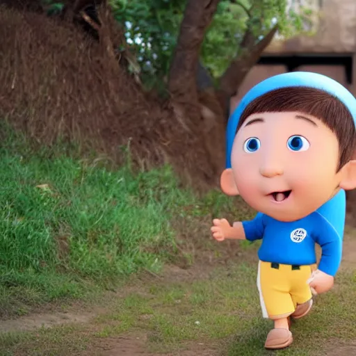 Image similar to kid character. egg shaped head. wide eyes. narrow nose. brown short hair. light skin. frackles.small ears. blue shirt with pocket. brown pants. carrying school bag.