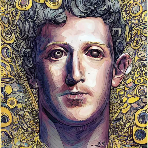 Image similar to the inner self of mark zuckerberg, clockwork engine, psychedelic, lsd, spiritual, mystical, epic beautifully detailed pen, ink and copic markers drawing by milo manara