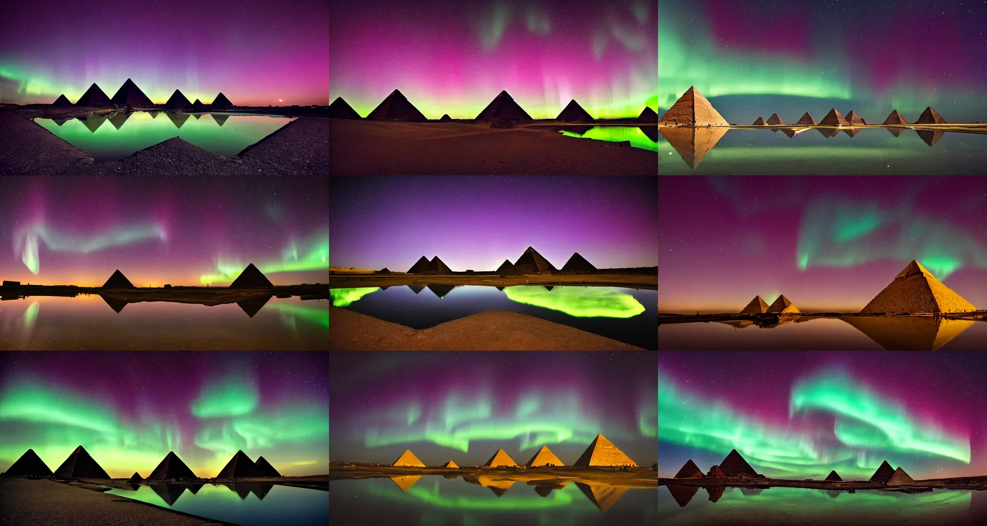 Prompt: an establishing shot of the pyramids of giza, at night time, reflecting pool, milky way, strong aurora overhead, northern lights, anamorphic, cinestill colour cinematography