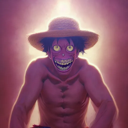 Image similar to highly detailed vfx portrait of monkey d. luffy, stephen bliss, greg rutkowski, loish, rhads, beeple, makoto shinkai, tom bagshaw, alphonse mucha, global illumination, sharp focus, art by artgerm and greg rutkowski, stanley kubrick, best of behance, cinematic lighting