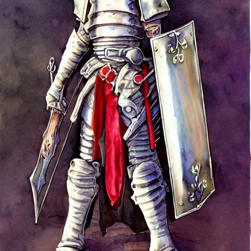 Prompt: watercolor, final fantasy tactics character, wearing plate armor, wearing helmet, faceless, shrouded, artwork by Clyde Caldwell