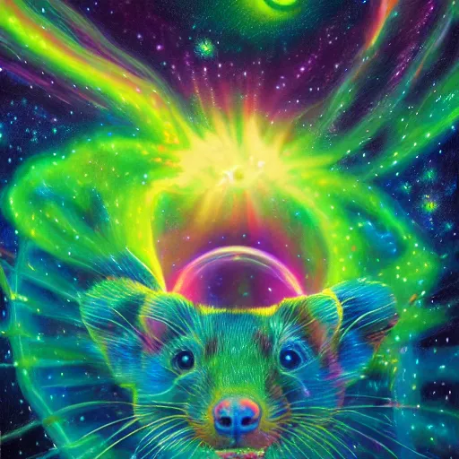 Image similar to fluorescent ultra-detailed celestial ferret in a galaxy made of stars, space, nebulas stars Dmt, Psychedelic cosmos, cosmic, Hallucination, night sky, surrealistic,volumetric lighting, Dreamy, dynamic, mystical, by dan mumford, 4k HD, artstation HD