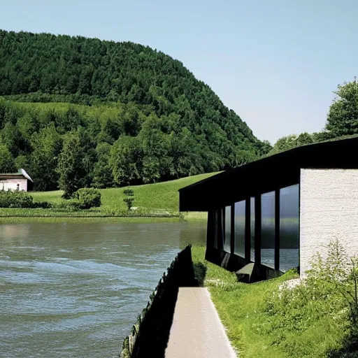 Prompt: a house by the river rhein in mumpf designed by peter zumthor