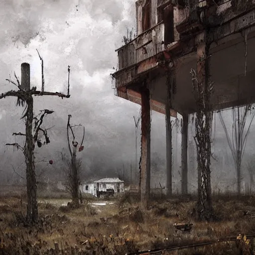 Image similar to painting of a abandoned post soviet town infested with humanoid root monsters by jakub rozalski