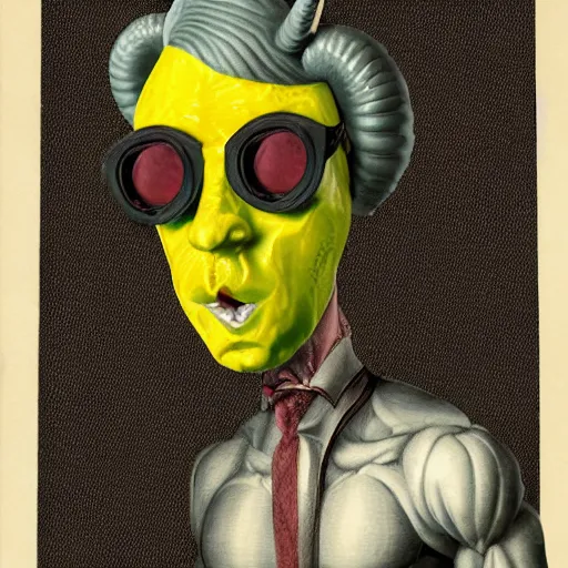 Image similar to antropomorphic lemon with devil horns sorts an archive, lemon person, person with lemon head, devil horns, archive, realistic photograph, dark