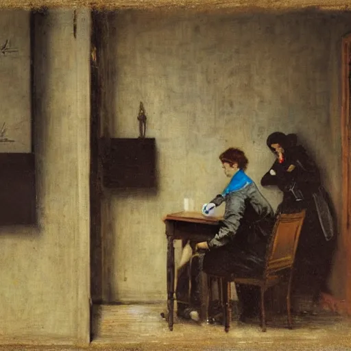 Image similar to a young man and a young woman solving an escape room puzzle, mysterious markings on the wall, by alfred stevens