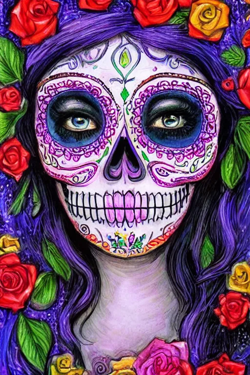 Prompt: Illustration of a sugar skull day of the dead girl, art by josephine wall