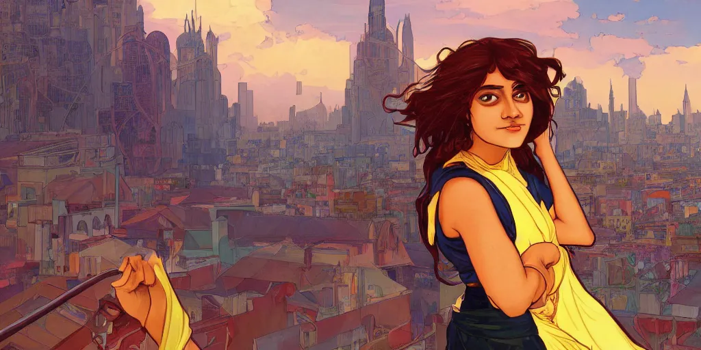 Image similar to A digital painting of Kamala Khan alone on a rooftop during Golden Hour. masterpiece 4k digital illustration, award winning, Artstation, art nouveau aesthetic, Alphonse Mucha background, intricate details, realistic, panoramic view, Hyperdetailed, 8k resolution, intricate art nouveau