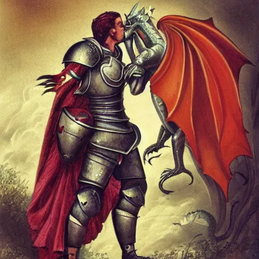 Image similar to a masculine male knight kissing a dragon.