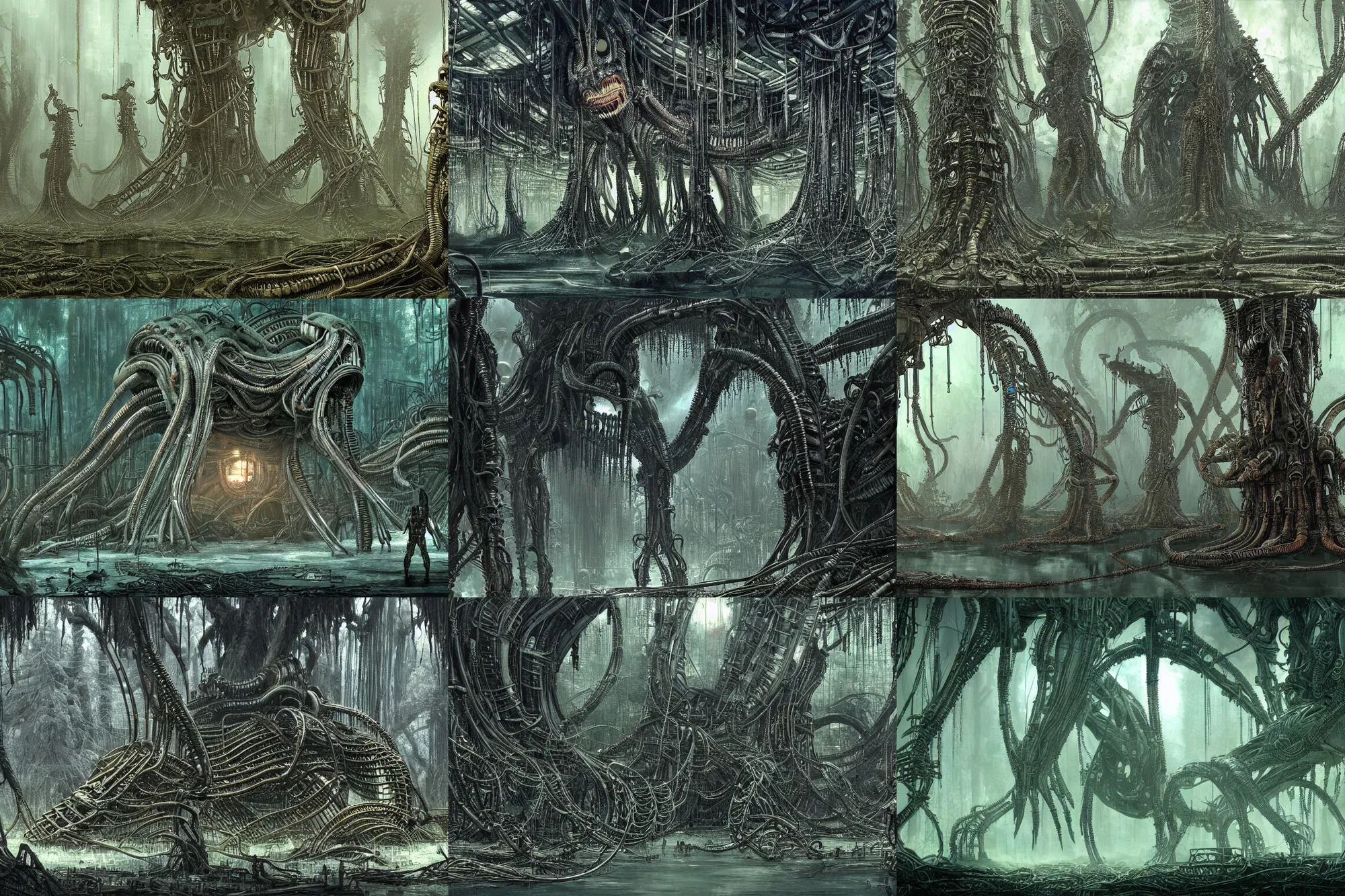 Prompt: Ancient technomancer temple in a Swamp full of trees made out of thousands of wires and pipes, Large Xenomorph approaching, concept art from Aliens by James Cameron