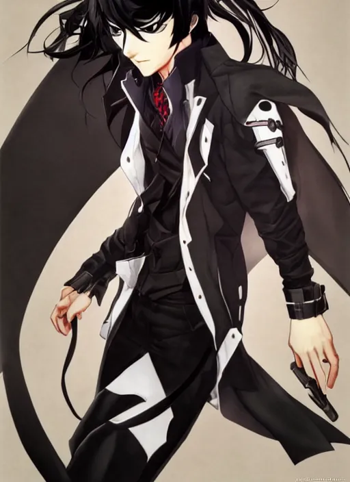 Image similar to half - body character portrait by shigenori soejima, handsome male vampire, focus on face sword holster, long black hair, light brown coat