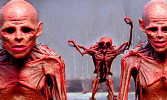 Image similar to full - color cinematic movie still from a 1 9 8 7 horror film by clive barker featuring cenobites welcoming people to the hellish underworld. creepy ; terrifying.