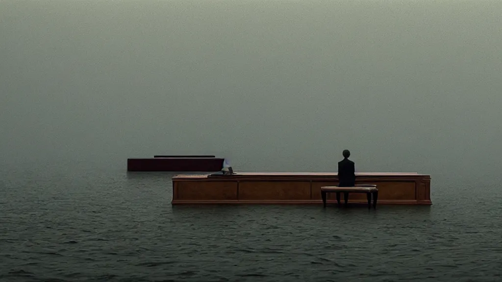 Prompt: the giant piano, made of water, film still from the movie directed by Denis Villeneuve with art direction by Zdzisław Beksiński, wide lens