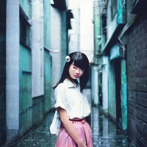 Image similar to 1990s perfect 8K HD professional cinematic photo of close-up japanese schoolgirl posing in sci-fi dystopian alleyway at morning during rain, at instagram, Behance, Adobe Lightroom, with instagram filters, depth of field, taken with polaroid kodak portra