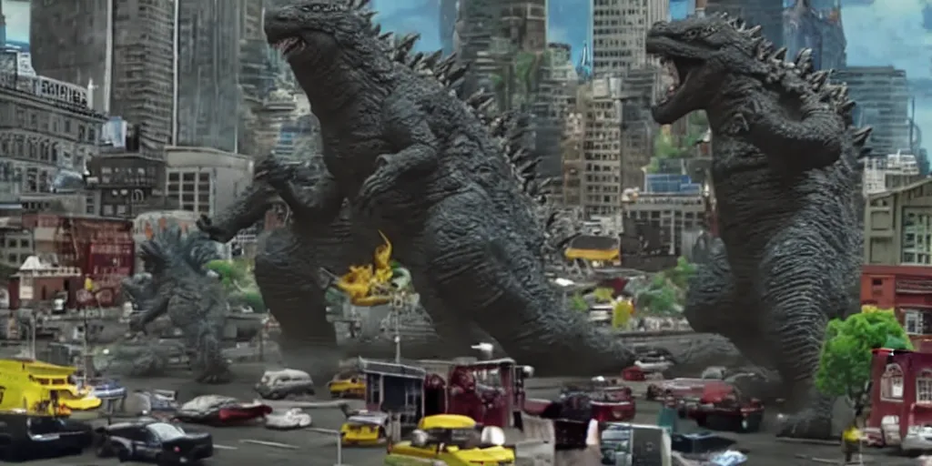 Prompt: godzilla rampaging in a city in the style of claymation, funny and weird