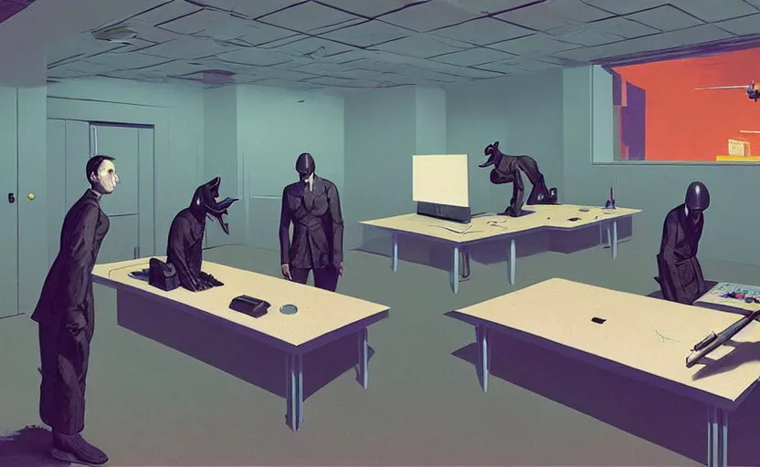 Prompt: Inside secret government bunker room with computers, highly detailed, very coherent, painted by Francis Bacon and Edward Hopper, Wayne Barlowe, painted by James Gilleard, surrealism, airbrush, art by JamesJean