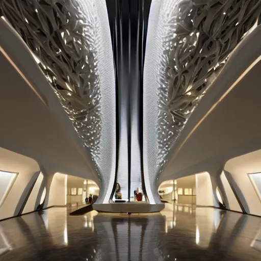 Image similar to extremely elegant detailed stunning beautiful futuristic museum lobby interior by Zaha Hadid