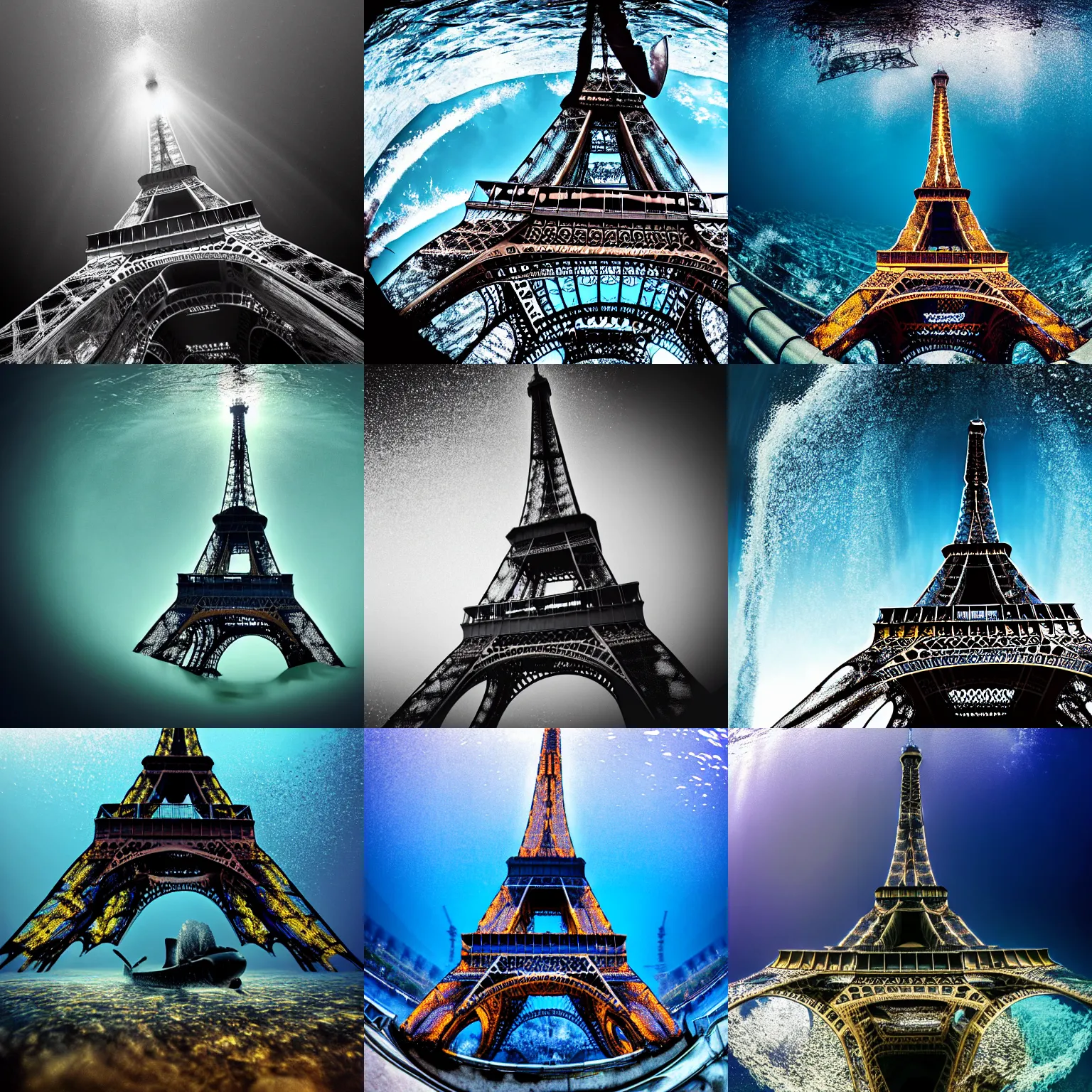 Prompt: underwater photo of the eiffel tower, dark ocean water, detailed illustration, national geographic, submarine camera imagery, james cameron, high quality photography, crisp details, sigma 1 0 - 2 0 mm, nikon 1 0 - 2 4 mm, fisheye, water particulate