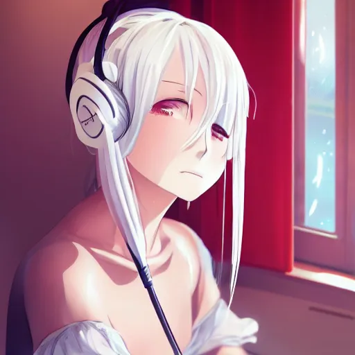 Prompt: anime portrait of beautiful girl sits on the sofa and listens to music, the sun shines through the window, white hair, watery red eyes, clear face, beautiful body, dream light, focus on the face, highly detailed, 8 k, artstation, concept art, master pieces, in style of kyoto animation