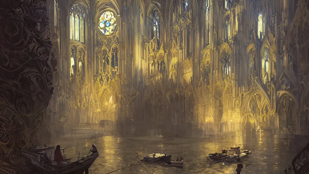 Prompt: a beautiful painting of the view from the river of a cathedral with beautiful, symmetric curving art nouveau architecture, at night with a sky full of stars, intricate, elegant, highly detailed, digital painting, artstation, concept art, by krenz cushart and artem demura and alphonse mucha