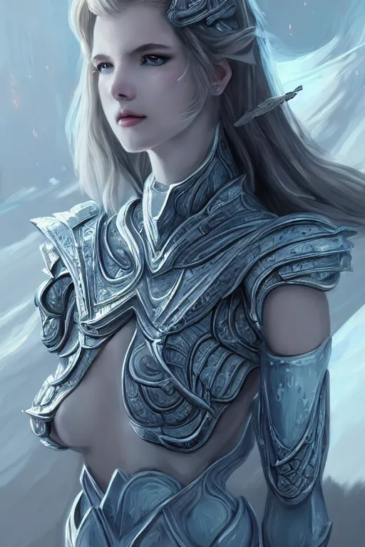 Image similar to studio portrait knights of zodiac girl, matt white ice color armor, in ruined agora of athens sunrise, ssci - fi and fantasy, intricate and very beautiful and elegant,, ultrafine hyperrealistic details, digital painting, artstation, concept art, smooth and sharp focus, illustration, art by ayanamikodon