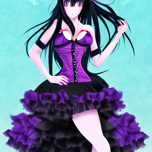 Image similar to a beautiful anime anime anime anime anime anime woman with long black hair, wearing a black corset top and a purple tutu, art by Steve Argyle