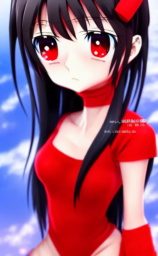 Prompt: anime girl with a detailed face and black hair in a red outfit, full body, trending, high quality, award winning, 4 k, 8 k, artstation,