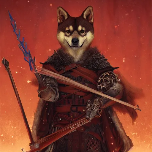 Image similar to anthropomorphic shiba inu, medieval armor and medieval crossbow, dark glowing red aura, fantasy, dark graveyard scene, portrait art by donato giancola and greg rutkowski, realistic face, digital art, trending on artstation, symmetry