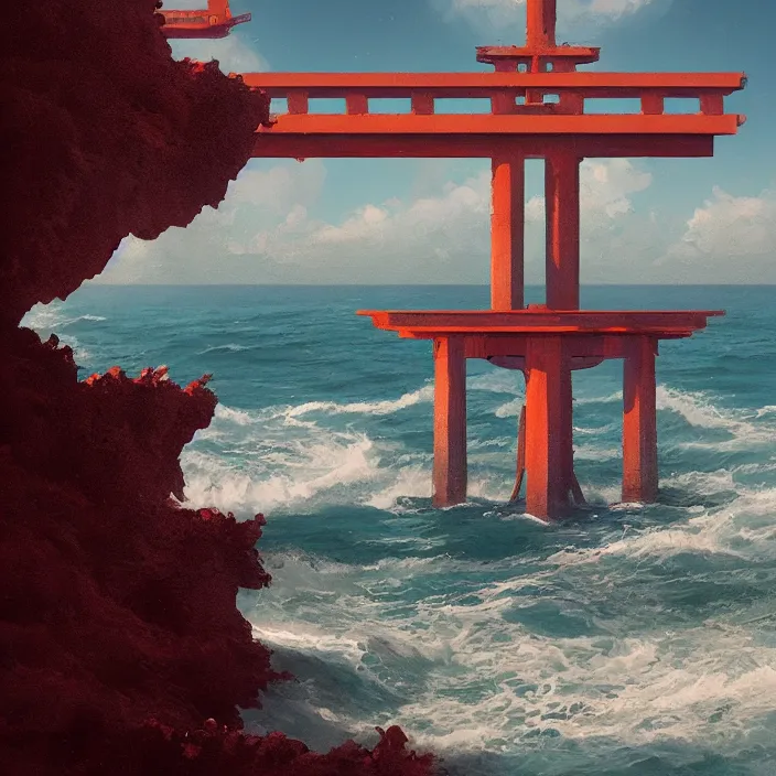 Prompt: a beautiful painting of a torii at sea by simon stalenhag and greg rutkowski, in style of digital art. hyper detailed, sharp focus, soft light. octane render. ray tracing. trending on artstation