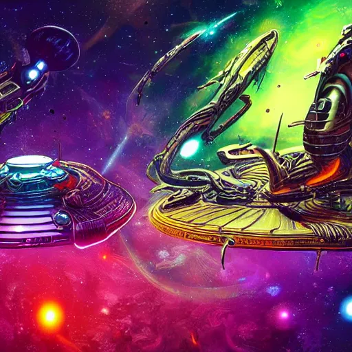 Image similar to an alien battle in space, epic, intricate, ultra detailed, intricate, 8 k, neon colors, in the style of mark cooper