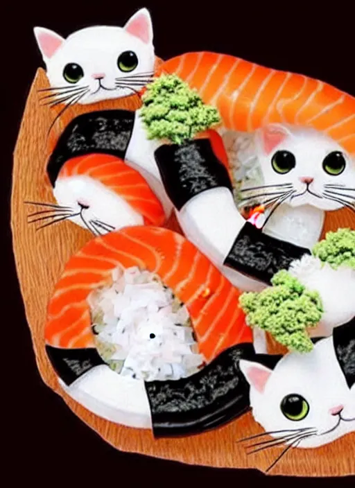 Image similar to clear photorealistic picture of adorable cats made out of sushi