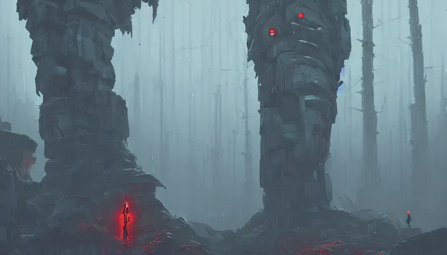 Image similar to stone golem, true evil, dormant, cyberpunk forest, nearby, sharp focus, james gilleard, cinematic, game art, extremely detailed digital painting, print