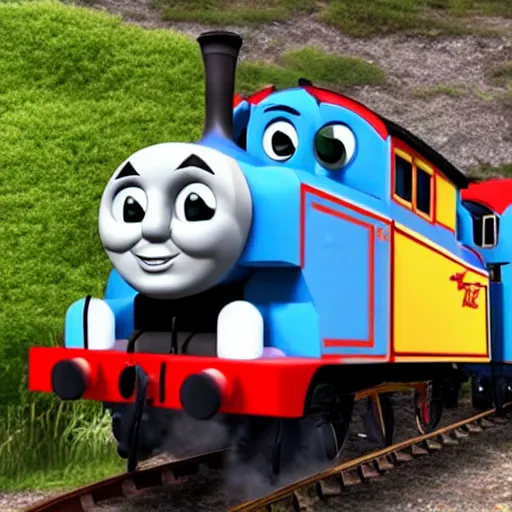 Prompt: a twitch streamer gets an unexpected visit from Thomas the tank engine