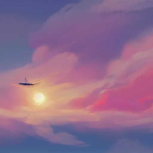 Image similar to a small sailboat flying through the sky, fluffy clouds, red-pink sunset, floating, fantasy, concept art, illustration, artstation award, bright