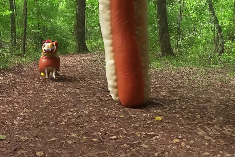 Image similar to trail cam footage of a humanoid hot dog with arms and legs