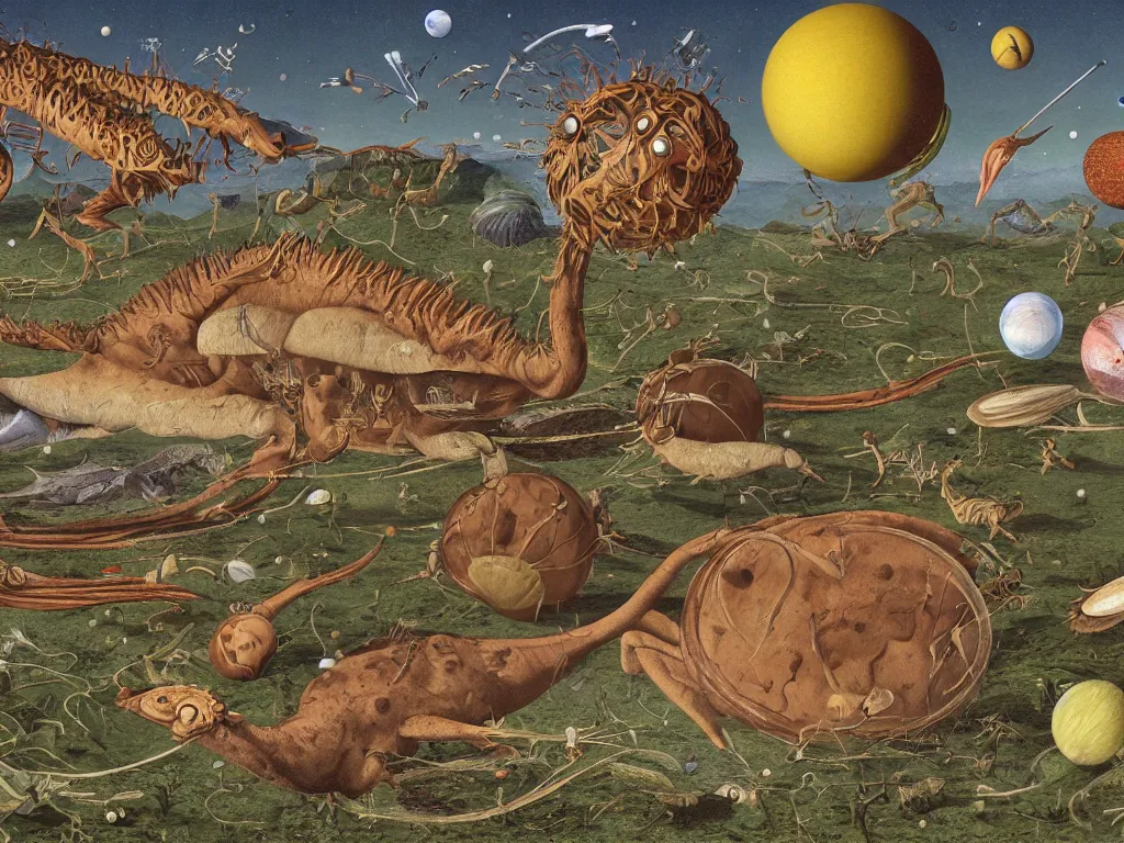 Image similar to fauna on venus ten million years ago. painting by walton ford, codex seraphinianus