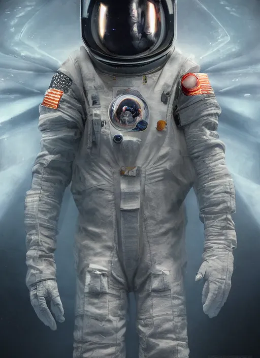Image similar to concept art by craig mullins infrared complex and hyperdetailed technical astronaut suit in futuristic dark and empty spaceship underwater. reflection and dispersion materials. rays and dispersion of light. volumetric light. 5 0 mm, f / 3 2. noise film photo. flash photography. unreal engine 4, octane render. interstellar movie art