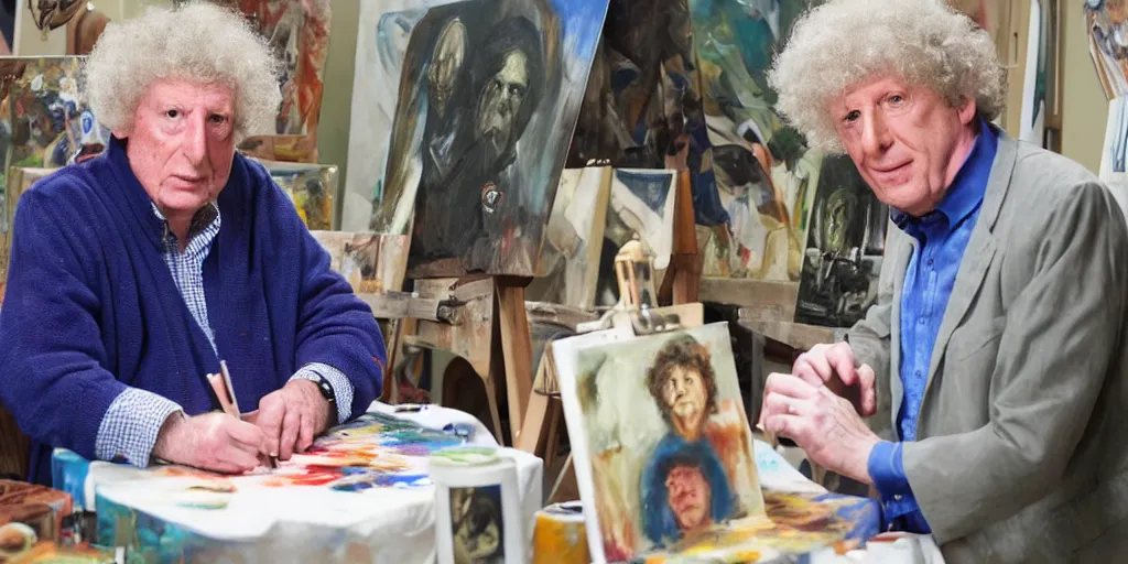 Image similar to tom baker, stands at a his easel, dressed as doctor who, paints portraits of davros, daleks and cyber men, soft focus, long exposure