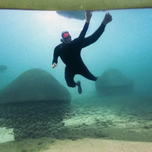 Image similar to A man swimming underwater, there is a submarine behind him