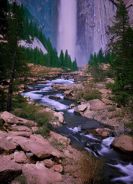 Image similar to a 2 8 mm macro kodachrome photo of a waterfall made of nebula aurora stardust flowing into the river in the valley in yosemite national park in the 1 9 5 0's, seen from a distance, bokeh, canon 5 0 mm, cinematic lighting, film, photography, moonlight, long exposure, depth of field, award - winning