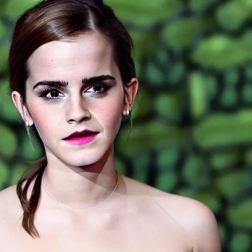 Image similar to portrait photograph of emma watson but her skin is replaced with avocado skin