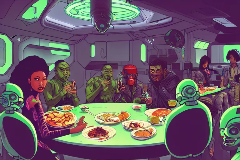 Prompt: asian people and black people and green - skinned humanoids eating breakfast aboard a cyberpunk spaceship, by josan gonzalez