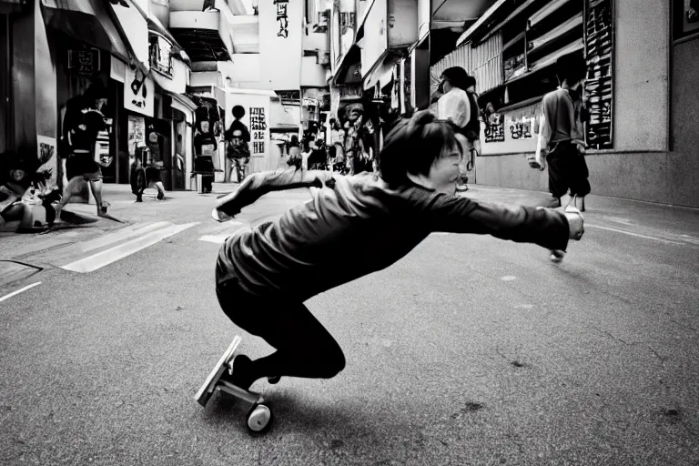 Image similar to conan is running towards freedom by skateboarding on the streets of beikacho, tokyo, japan, by aoyama gangchang.