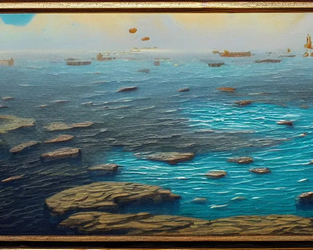 Prompt: painting of the ocean floor with a city of an advanced undewater civilization in background