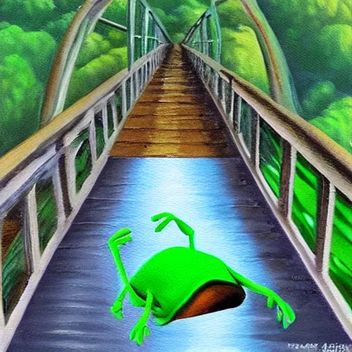 Image similar to “a bob ross style painting of kermit falling off a bridge”